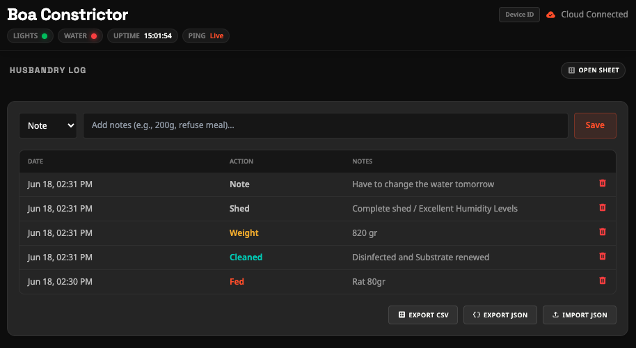 Husbandry Log Interface